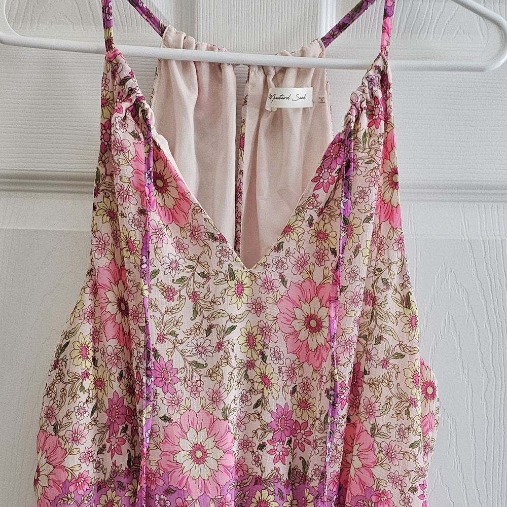 Mustard Seed LG Pink Floral Romper Holter Top Smocked Elastic Waist Ruffles